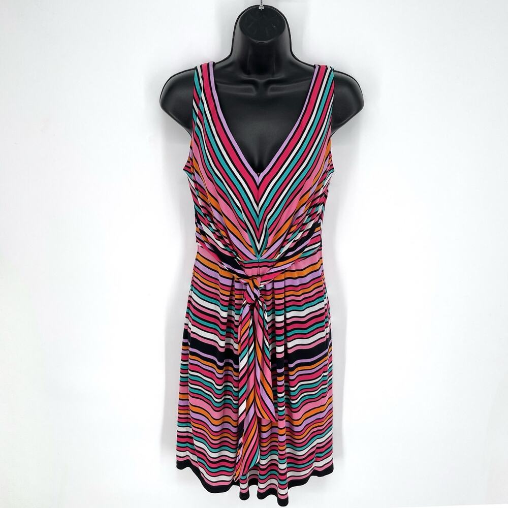 Betsey Johnson V-Neck Sleeveless Dress Sz 2 Pink Multi Striped Front Sash Zipper